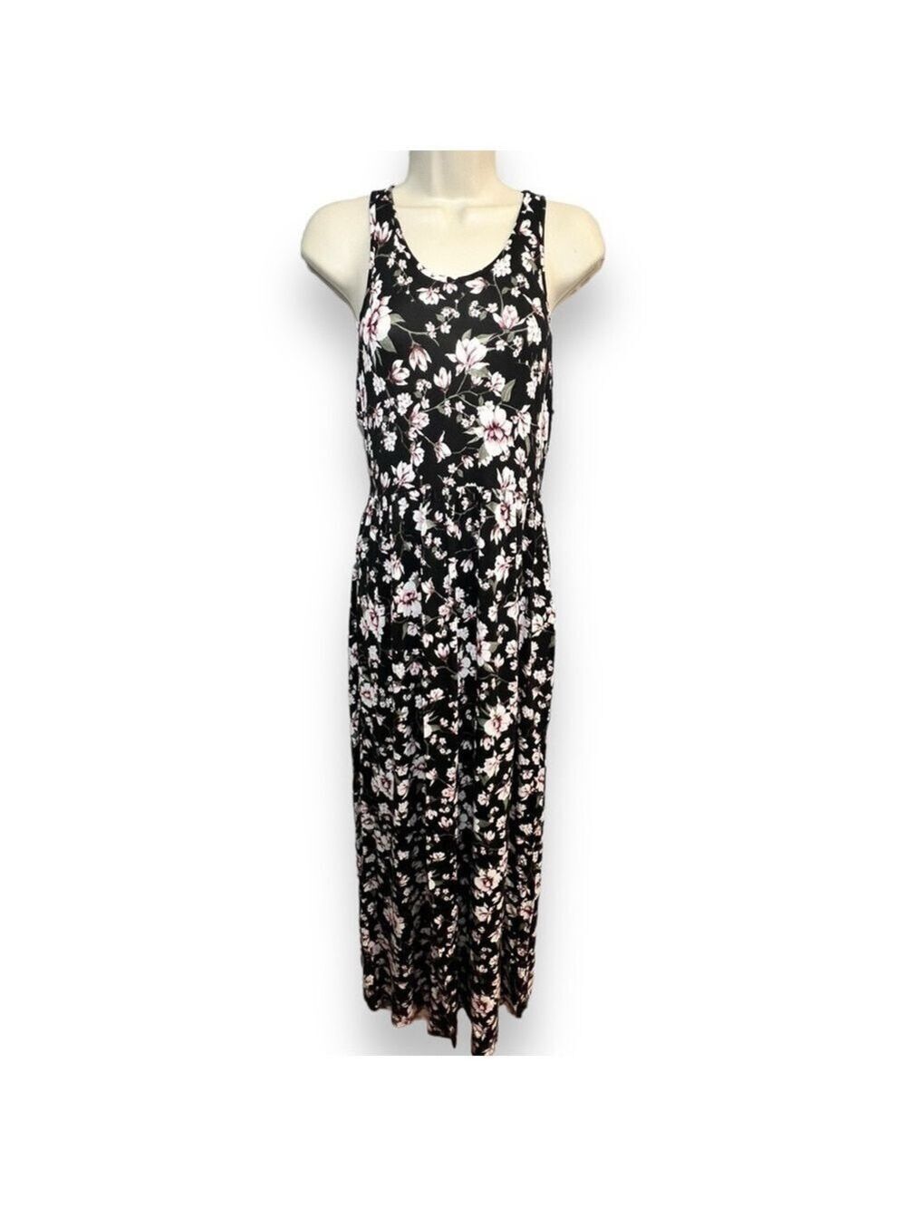 Women’s Sleeveless Floral Maxi Dress Black Size Medium